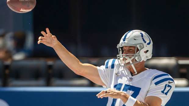 Indianapolis Colts quarterback Philip Rivers warms up before Saturday's scrimmage at Lucas Oil Stadium.